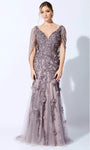 V-neck Fit-and-Flare Floral Print Wrap Back Zipper Fitted Beaded Natural Waistline Floor Length Evening Dress