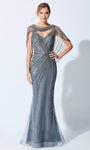 V-neck Floor Length Fit-and-Flare Natural Waistline Tulle Fitted Beaded Sleeveless Evening Dress/Mother-of-the-Bride Dress