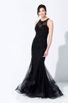 Jeweled Neck Sweetheart Illusion Beaded Tiered Sleeveless Mermaid Dropped Waistline Dress with a Brush/Sweep Train