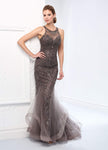 Mermaid Tiered Illusion Beaded Jeweled Neck Sweetheart Dropped Waistline Sleeveless Dress with a Brush/Sweep Train