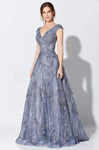 V-neck Cap Sleeves Natural Waistline Full-Skirt Tulle Embroidered Fitted Beaded Dress with a Brush/Sweep Train