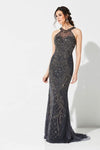 Halter Tulle Fitted Beaded Back Zipper Natural Waistline Sheath Mermaid Sleeveless Sheath Dress with a Brush/Sweep Train