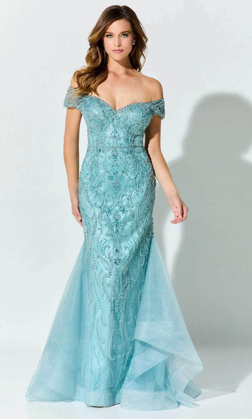 Sweetheart Natural Waistline Mermaid Tulle Off the Shoulder Beaded Prom Dress With Rhinestones and Ruffles