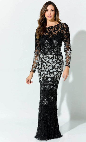 Sophisticated Hidden Back Zipper Fitted Sequined Embroidered Beaded Mesh Fit-and-Flare Sheath Bateau Neck Long Sleeves Floral Print Fall Natural Waistline Sheath Dress/Evening Dress/Mother-of-the-Brid