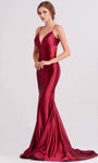 V-neck Sleeveless Spaghetti Strap Floor Length Mermaid Empire Waistline Satin Sheer Backless Evening Dress with a Brush/Sweep Train