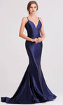 V-neck Sheer Backless Empire Waistline Mermaid Sleeveless Spaghetti Strap Floor Length Satin Evening Dress with a Brush/Sweep Train