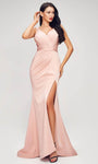 Sexy V-neck Sleeveless Floor Length Back Zipper Fitted V Back Pleated Open-Back Asymmetric Slit Mermaid Natural Waistline Evening Dress with a Brush/Sweep Train