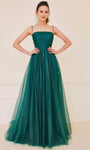 A-line Tulle Sleeveless Spaghetti Strap Straight Neck Natural Waistline Ruched Fitted Hidden Back Zipper Prom Dress with a Brush/Sweep Train