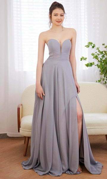 Sophisticated A-line Strapless Sweetheart Lace-Up Slit Open-Back Flowy Pocketed Fitted Chiffon Natural Waistline Prom Dress with a Brush/Sweep Train
