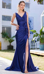 V-neck Empire Waistline Sleeveless Floor Length Ruched Open-Back Hidden Back Zipper Slit Mesh Satin Sheath Sheath Dress/Prom Dress with a Brush/Sweep Train