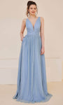 Tall A-line V-neck Empire Waistline Floor Length Plunging Neck Metallic Sleeveless Back Zipper Pleated V Back Dress