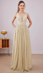 Tall A-line V-neck Floor Length Empire Waistline V Back Back Zipper Pleated Sleeveless Plunging Neck Metallic Dress