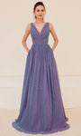 Tall A-line V-neck Floor Length Plunging Neck Back Zipper Pleated V Back Empire Waistline Metallic Sleeveless Dress