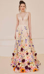 A-line V-neck Natural Waistline Open-Back Hidden Back Zipper Applique Floral Print Plunging Neck Sleeveless Prom Dress