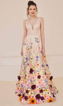 A-line V-neck Sleeveless Natural Waistline Floral Print Plunging Neck Open-Back Hidden Back Zipper Applique Prom Dress