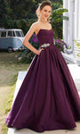 V-neck Strapless Natural Waistline Belted Lace-Up Jeweled Wrap Pocketed Sweetheart Satin Dress