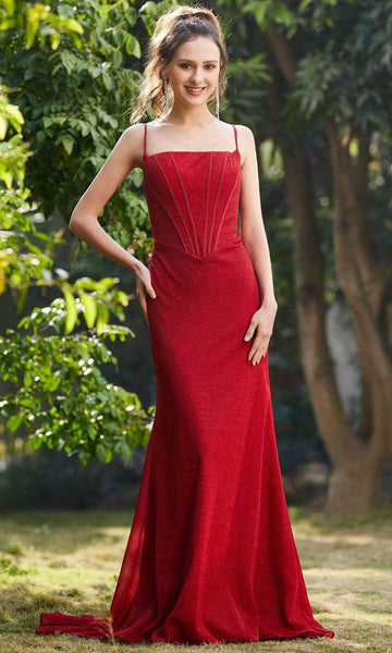 Straight Neck Natural Waistline Sheath Sleeveless Jersey Floor Length Lace-Up Fitted Open-Back Sheath Dress with a Brush/Sweep Train