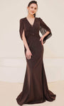 Sophisticated V-neck Sheath Fall Empire Waistline Floor Length Back Zipper Gathered Ruched Sheer Draped Long Sleeves Sheath Dress with a Brush/Sweep Train