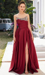 A-line Strapless Natural Waistline Floor Length Satin Slit Fitted Ruched Open-Back Lace-Up Gathered Straight Neck Fall Evening Dress