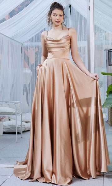 A-line Empire Waistline Sleeveless Open-Back Lace-Up Pleated Scoop Neck Satin Dress with a Brush/Sweep Train With Rhinestones