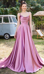 A-line Satin Pleated Open-Back Lace-Up Scoop Neck Sleeveless Empire Waistline Dress with a Brush/Sweep Train With Rhinestones
