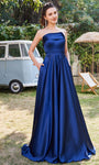 A-line Strapless Floor Length Open-Back Pleated Back Zipper Straight Neck Satin Natural Waistline Dress with a Brush/Sweep Train