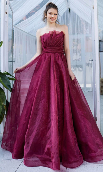A-line Strapless Open-Back Pleated Back Zipper Empire Waistline Floor Length Organza Straight Neck Dress with a Brush/Sweep Train