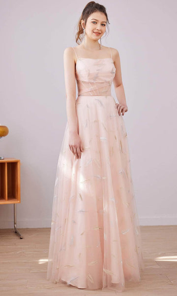 A-line Straight Neck Tulle Floor Length Sleeveless Natural Waistline Open-Back Sheer Pleated Back Zipper Dress