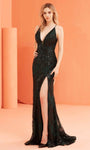 V-neck Sleeveless Spaghetti Strap Floor Length Sheath Plunging Neck Natural Waistline Slit Sequined Sheer Lace-Up Sheath Dress/Prom Dress with a Brush/Sweep Train