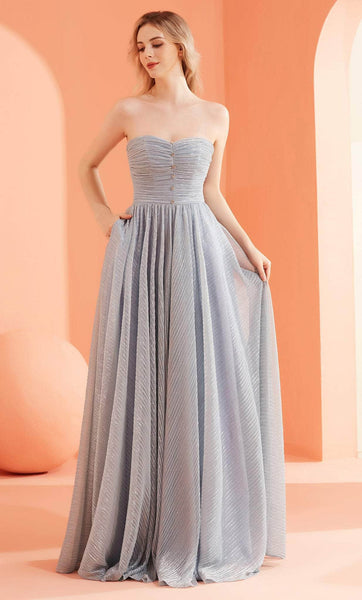Tall A-line Strapless Metallic Corset Natural Waistline Floor Length Sweetheart Crystal Ruched Pocketed Lace-Up Gathered Evening Dress with a Brush/Sweep Train