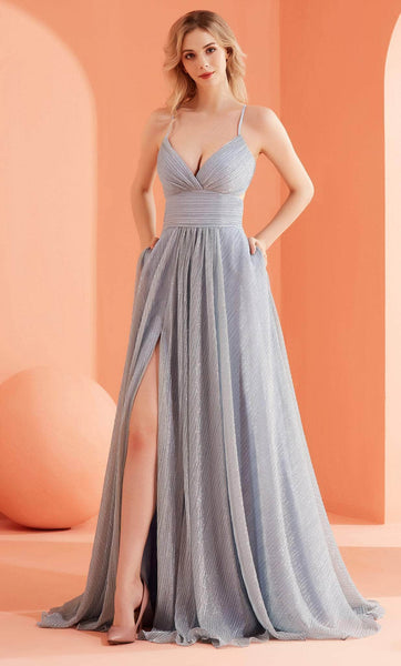 Tall A-line V-neck Metallic Floor Length Empire Waistline Gathered Back Zipper Ruched Lace-Up Pocketed Slit Sleeveless Spaghetti Strap Evening Dress/Prom Dress with a Brush/Sweep Train