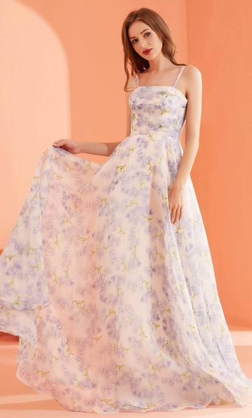 A-line Straight Neck Sleeveless Floral Print Hidden Back Zipper Pocketed Fitted Natural Waistline Fall Prom Dress/Party Dress