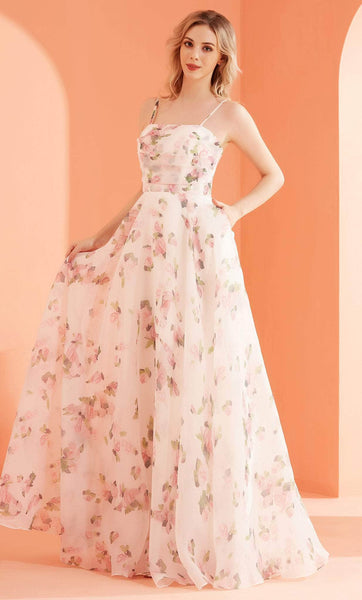 A-line Pocketed Hidden Back Zipper Fitted Straight Neck Floral Print Fall Natural Waistline Sleeveless Prom Dress/Party Dress
