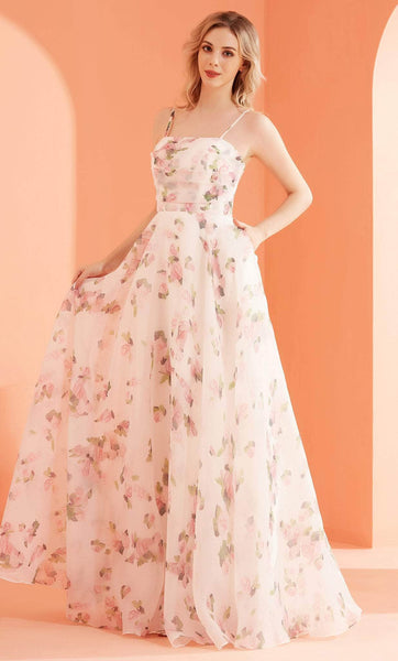 A-line Floral Print Fall Sleeveless Natural Waistline Straight Neck Pocketed Fitted Hidden Back Zipper Prom Dress/Party Dress