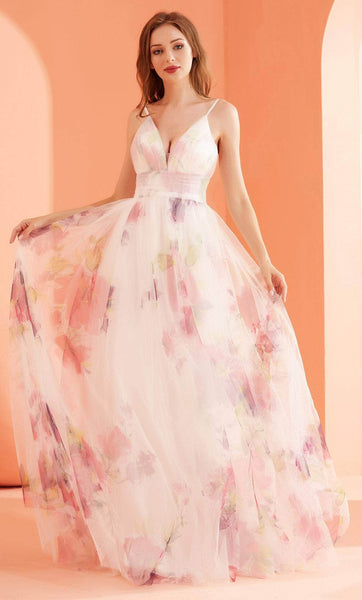 A-line V-neck Natural Waistline Ruched Flowy Summer 2011 Sleeveless Spaghetti Strap Plunging Neck Floral Print Tulle Evening Dress