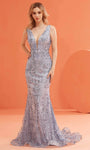 V-neck General Print 2014 Floor Length Mermaid Sleeveless Plunging Neck Open-Back Back Zipper Glittering Beaded Sheer V Back Natural Waistline Evening Dress with a Brush/Sweep Train