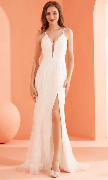 Sexy Sophisticated V-neck Plunging Neck 2015 Flutter Sleeves Sleeveless Spaghetti Strap Natural Waistline Sheath Glittering Sheer Beaded Lace-Up Slit General Print Sheath Dress/Prom Dress with a Brush