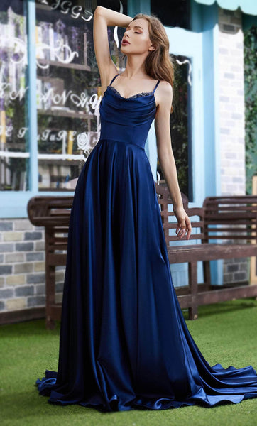 Sexy A-line Floor Length Cowl Neck Sleeveless Spaghetti Strap Fall 2016 Corset Natural Waistline Open-Back Applique Lace-Up Self Tie Draped Beaded Prom Dress with a Brush/Sweep Train