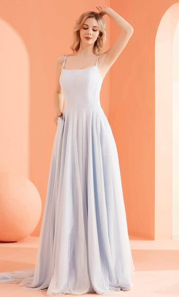 A-line Scoop Neck Natural Waistline Sleeveless Spaghetti Strap Floor Length 2019 Pocketed Glittering Open-Back Lace-Up Tulle Evening Dress with a Brush/Sweep Train