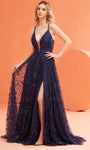A-line V-neck Lace-Up Sheer Glittering Slit Self Tie Tulle Sleeveless Spaghetti Strap Natural Waistline Floral Print Plunging Neck Prom Dress with a Brush/Sweep Train