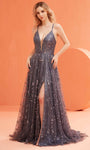 A-line V-neck Glittering Slit Sheer Self Tie Lace-Up Plunging Neck Sleeveless Spaghetti Strap Natural Waistline Floral Print Tulle Prom Dress with a Brush/Sweep Train