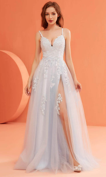 Sexy A-line V-neck Corset Natural Waistline Sleeveless Spaghetti Strap Slit Lace-Up Applique Prom Dress with a Brush/Sweep Train