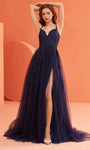 Sexy A-line V-neck Sleeveless Spaghetti Strap Applique Slit Lace-Up Corset Natural Waistline Prom Dress with a Brush/Sweep Train