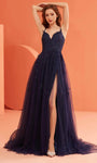 Sexy A-line V-neck Corset Natural Waistline Sleeveless Spaghetti Strap Lace-Up Applique Slit Prom Dress with a Brush/Sweep Train