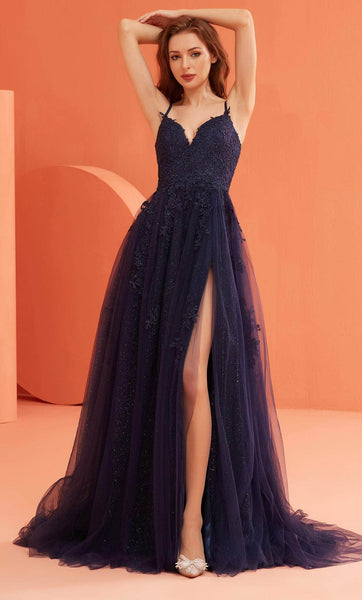 Sexy A-line V-neck Applique Slit Lace-Up Corset Natural Waistline Sleeveless Spaghetti Strap Prom Dress with a Brush/Sweep Train