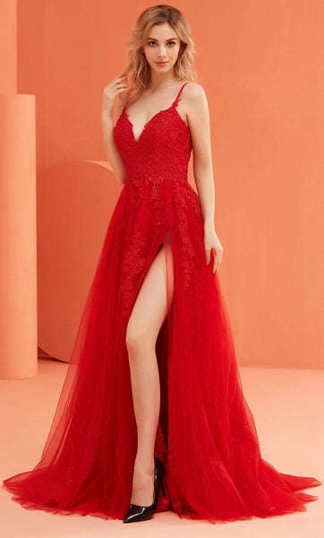Sexy A-line V-neck Corset Natural Waistline Sleeveless Spaghetti Strap Lace-Up Slit Applique Prom Dress with a Brush/Sweep Train