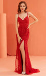 V-neck Sheath Floor Length Applique Open-Back Slit Lace-Up Natural Waistline Sleeveless Spaghetti Strap Sheath Dress/Evening Dress/Prom Dress with a Brush/Sweep Train