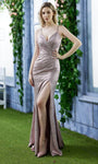 Tall Sexy V-neck Fall Sheath Natural Waistline Sleeveless Spaghetti Strap Metallic Back Zipper Slit Ruched Open-Back Sheath Dress/Prom Dress with a Brush/Sweep Train