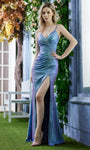 Tall Sexy V-neck Metallic Natural Waistline Sheath Back Zipper Ruched Slit Open-Back Fall Sleeveless Spaghetti Strap Sheath Dress/Prom Dress with a Brush/Sweep Train