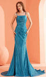 Tall Fit-and-Flare Mermaid Metallic Natural Waistline Fitted Open-Back Hidden Back Zipper Straight Neck Sleeveless Prom Dress with a Brush/Sweep Train